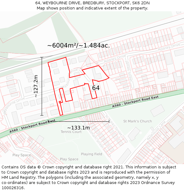64, WEYBOURNE DRIVE, BREDBURY, STOCKPORT, SK6 2DN: Plot and title map