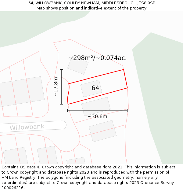 64, WILLOWBANK, COULBY NEWHAM, MIDDLESBROUGH, TS8 0SP: Plot and title map