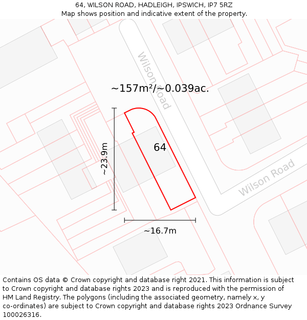 64, WILSON ROAD, HADLEIGH, IPSWICH, IP7 5RZ: Plot and title map