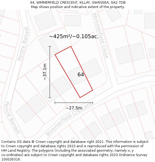 64, WIMMERFIELD CRESCENT, KILLAY, SWANSEA, SA2 7DB: Plot and title map