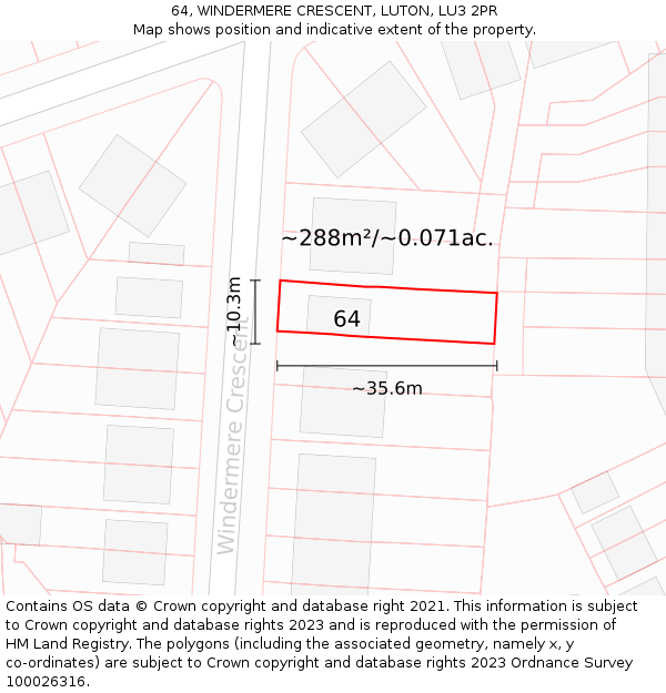 64, WINDERMERE CRESCENT, LUTON, LU3 2PR: Plot and title map