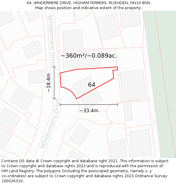 64, WINDERMERE DRIVE, HIGHAM FERRERS, RUSHDEN, NN10 8NN: Plot and title map