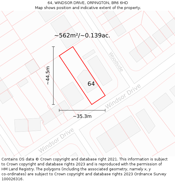 64, WINDSOR DRIVE, ORPINGTON, BR6 6HD: Plot and title map