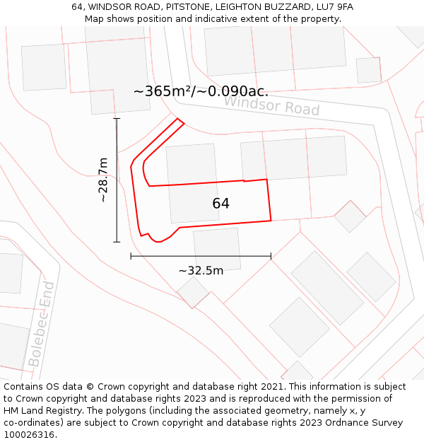 64, WINDSOR ROAD, PITSTONE, LEIGHTON BUZZARD, LU7 9FA: Plot and title map