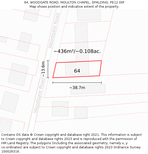 64, WOODGATE ROAD, MOULTON CHAPEL, SPALDING, PE12 0XF: Plot and title map