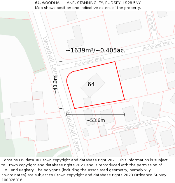 64, WOODHALL LANE, STANNINGLEY, PUDSEY, LS28 5NY: Plot and title map