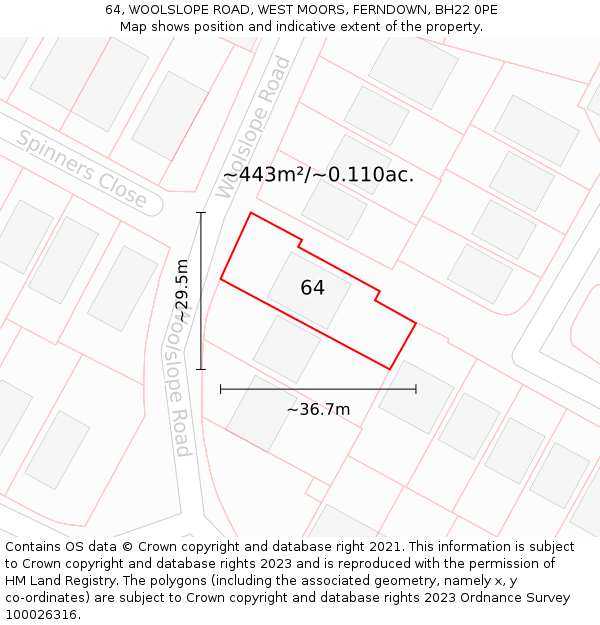 64, WOOLSLOPE ROAD, WEST MOORS, FERNDOWN, BH22 0PE: Plot and title map