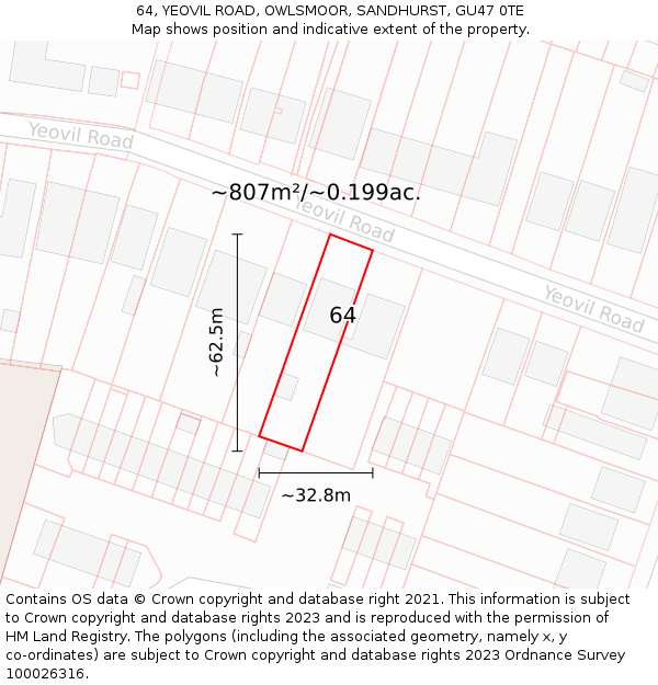64, YEOVIL ROAD, OWLSMOOR, SANDHURST, GU47 0TE: Plot and title map