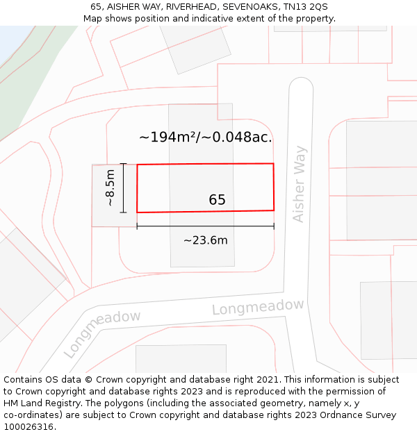65, AISHER WAY, RIVERHEAD, SEVENOAKS, TN13 2QS: Plot and title map