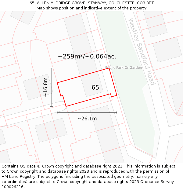 65, ALLEN ALDRIDGE GROVE, STANWAY, COLCHESTER, CO3 8BT: Plot and title map