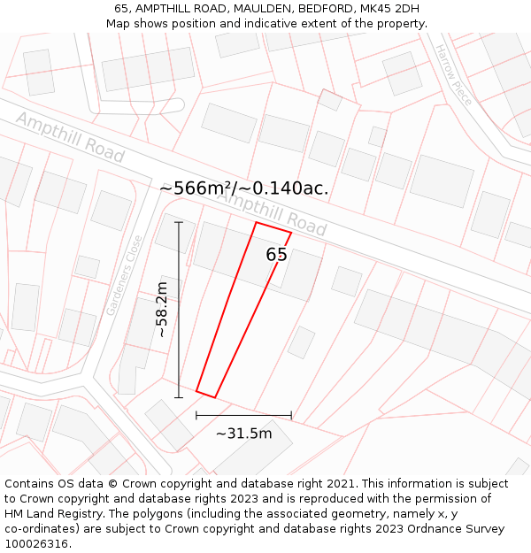 65, AMPTHILL ROAD, MAULDEN, BEDFORD, MK45 2DH: Plot and title map