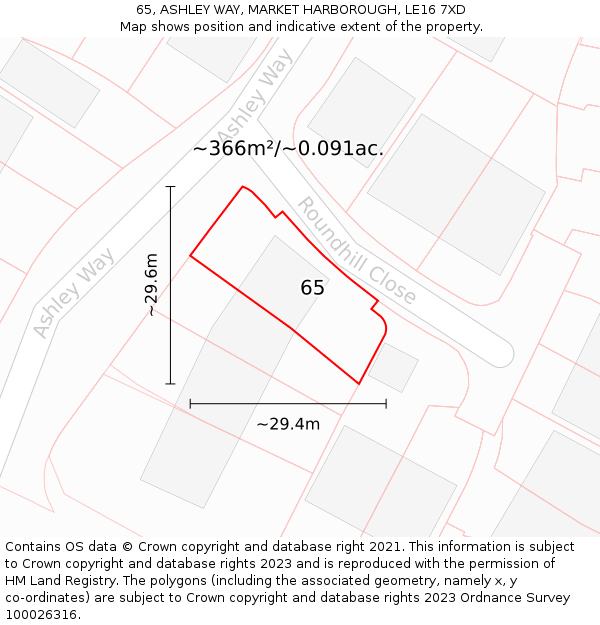 65, ASHLEY WAY, MARKET HARBOROUGH, LE16 7XD: Plot and title map