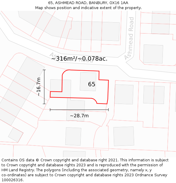 65, ASHMEAD ROAD, BANBURY, OX16 1AA: Plot and title map