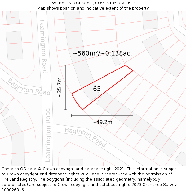 65, BAGINTON ROAD, COVENTRY, CV3 6FP: Plot and title map