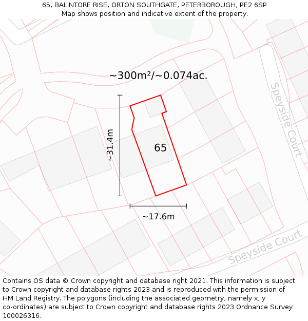 65, BALINTORE RISE, ORTON SOUTHGATE, PETERBOROUGH, PE2 6SP: Plot and title map