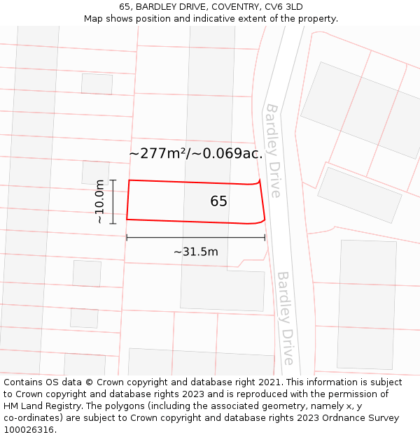 65, BARDLEY DRIVE, COVENTRY, CV6 3LD: Plot and title map