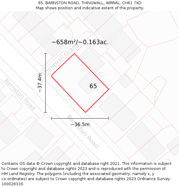 65, BARNSTON ROAD, THINGWALL, WIRRAL, CH61 7XD: Plot and title map