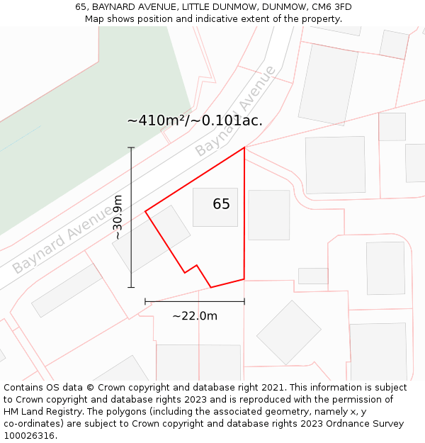 65, BAYNARD AVENUE, LITTLE DUNMOW, DUNMOW, CM6 3FD: Plot and title map