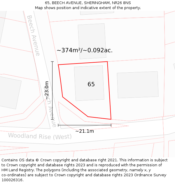 65, BEECH AVENUE, SHERINGHAM, NR26 8NS: Plot and title map