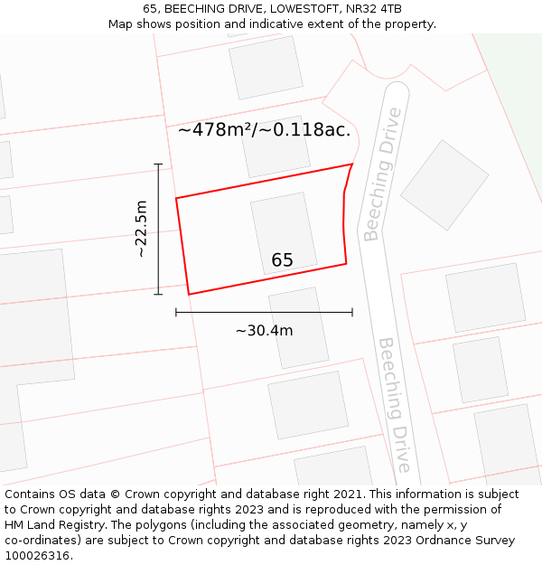 65, BEECHING DRIVE, LOWESTOFT, NR32 4TB: Plot and title map