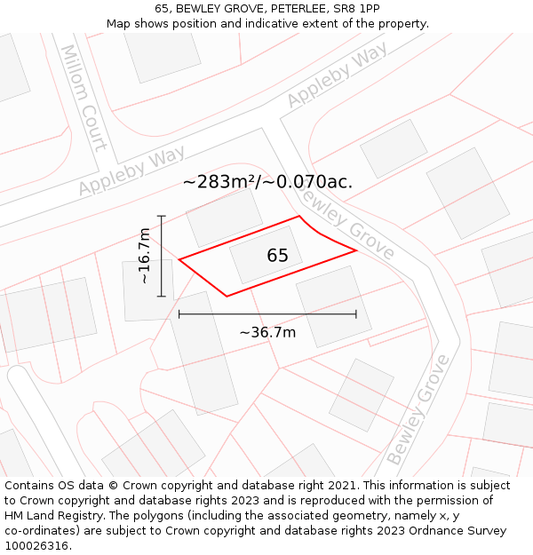 65, BEWLEY GROVE, PETERLEE, SR8 1PP: Plot and title map