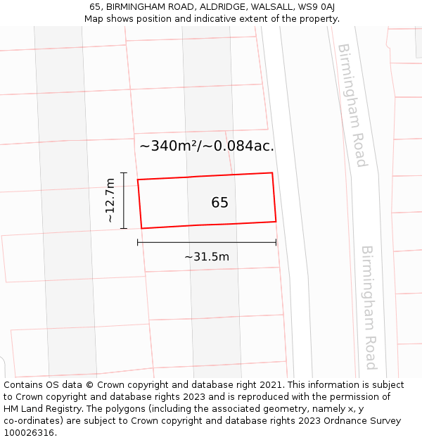 65, BIRMINGHAM ROAD, ALDRIDGE, WALSALL, WS9 0AJ: Plot and title map