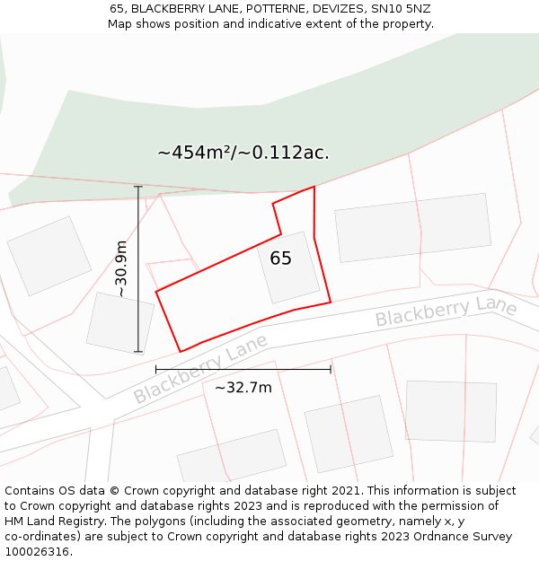 65, BLACKBERRY LANE, POTTERNE, DEVIZES, SN10 5NZ: Plot and title map