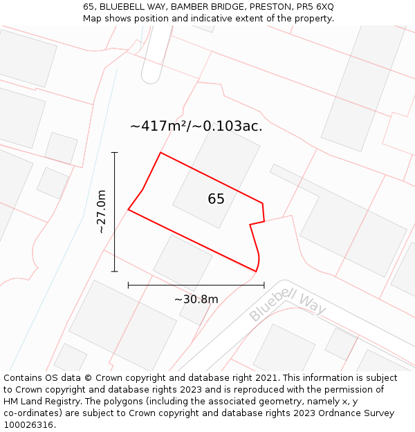65, BLUEBELL WAY, BAMBER BRIDGE, PRESTON, PR5 6XQ: Plot and title map