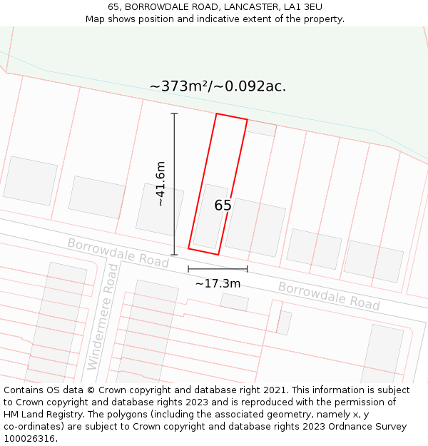 65, BORROWDALE ROAD, LANCASTER, LA1 3EU: Plot and title map