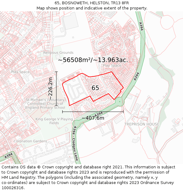 65, BOSNOWETH, HELSTON, TR13 8FR: Plot and title map