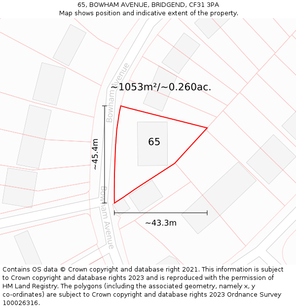 65, BOWHAM AVENUE, BRIDGEND, CF31 3PA: Plot and title map