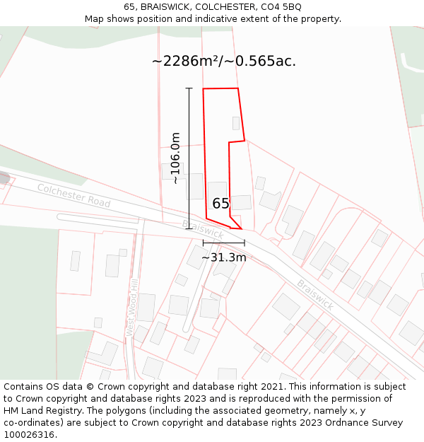 65, BRAISWICK, COLCHESTER, CO4 5BQ: Plot and title map