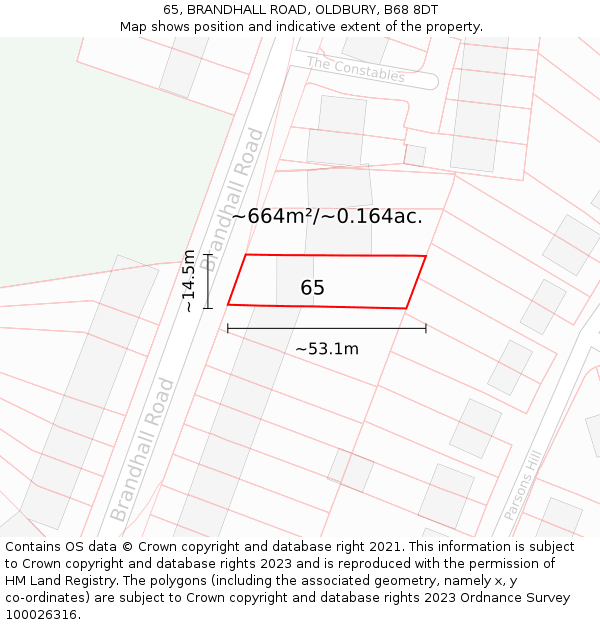 65, BRANDHALL ROAD, OLDBURY, B68 8DT: Plot and title map