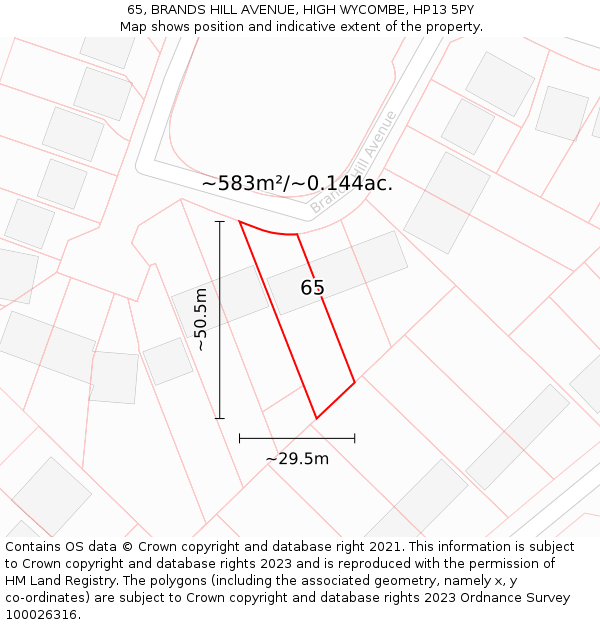 65, BRANDS HILL AVENUE, HIGH WYCOMBE, HP13 5PY: Plot and title map