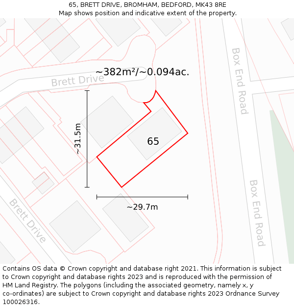 65, BRETT DRIVE, BROMHAM, BEDFORD, MK43 8RE: Plot and title map