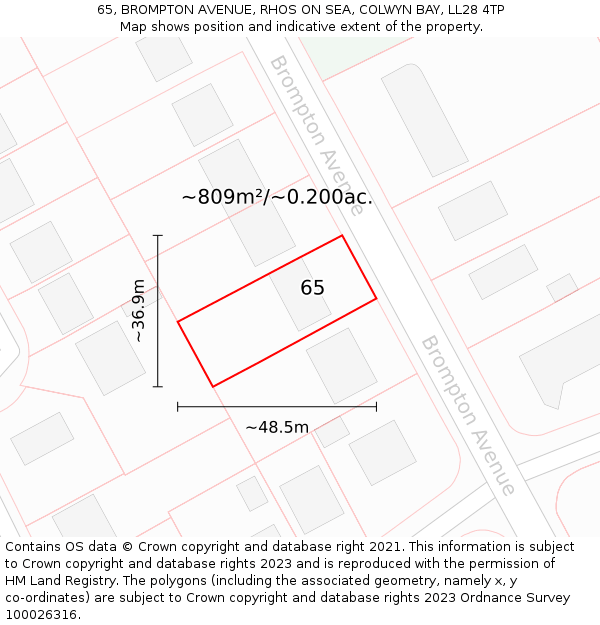65, BROMPTON AVENUE, RHOS ON SEA, COLWYN BAY, LL28 4TP: Plot and title map