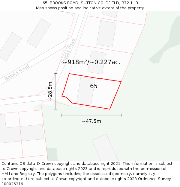 65, BROOKS ROAD, SUTTON COLDFIELD, B72 1HR: Plot and title map
