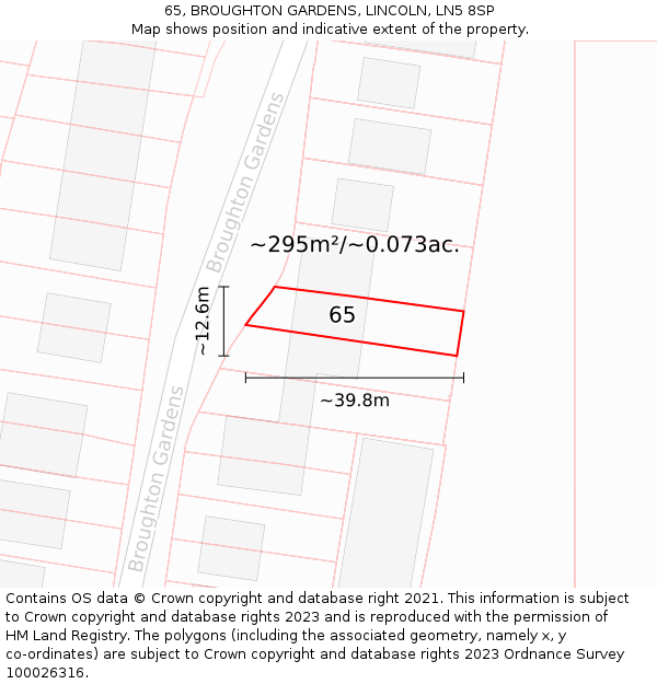 65, BROUGHTON GARDENS, LINCOLN, LN5 8SP: Plot and title map