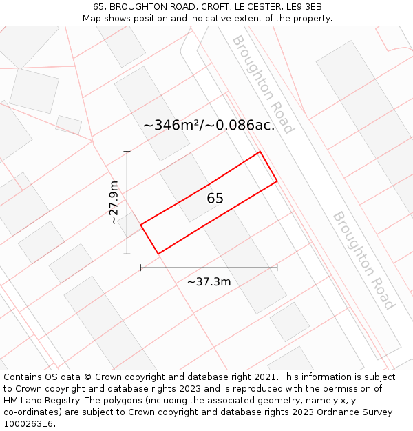 65, BROUGHTON ROAD, CROFT, LEICESTER, LE9 3EB: Plot and title map