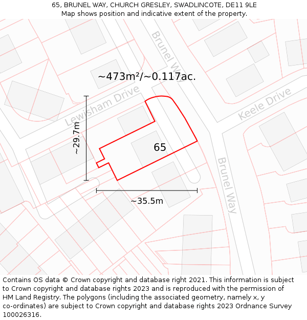 65, BRUNEL WAY, CHURCH GRESLEY, SWADLINCOTE, DE11 9LE: Plot and title map