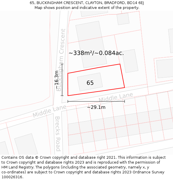 65, BUCKINGHAM CRESCENT, CLAYTON, BRADFORD, BD14 6EJ: Plot and title map