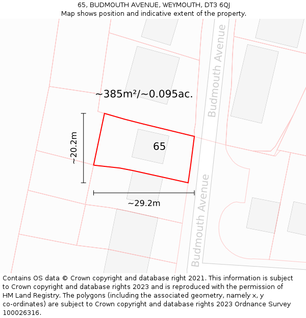 65, BUDMOUTH AVENUE, WEYMOUTH, DT3 6QJ: Plot and title map