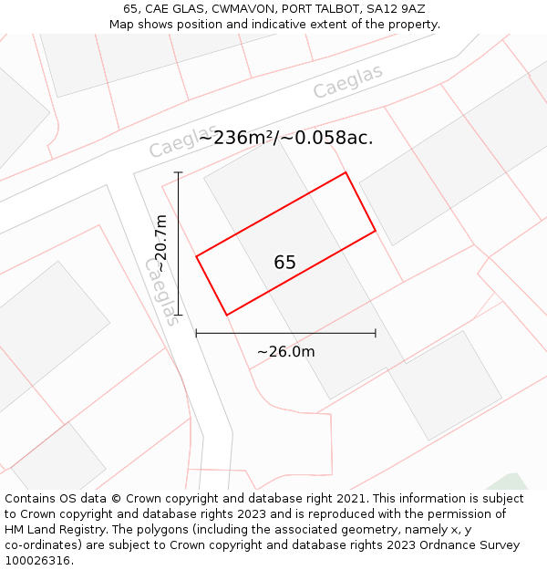 65, CAE GLAS, CWMAVON, PORT TALBOT, SA12 9AZ: Plot and title map