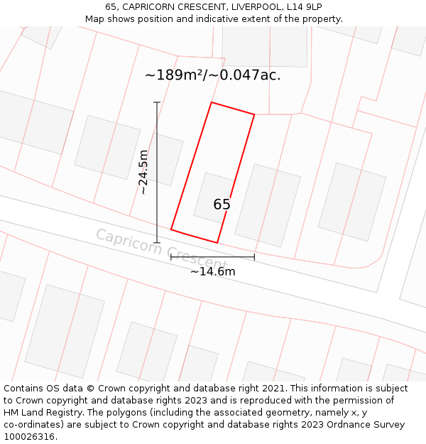 65, CAPRICORN CRESCENT, LIVERPOOL, L14 9LP: Plot and title map