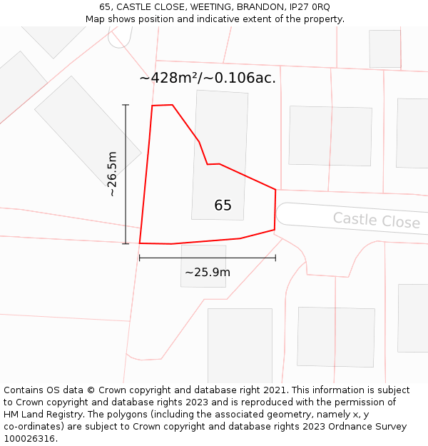 65, CASTLE CLOSE, WEETING, BRANDON, IP27 0RQ: Plot and title map