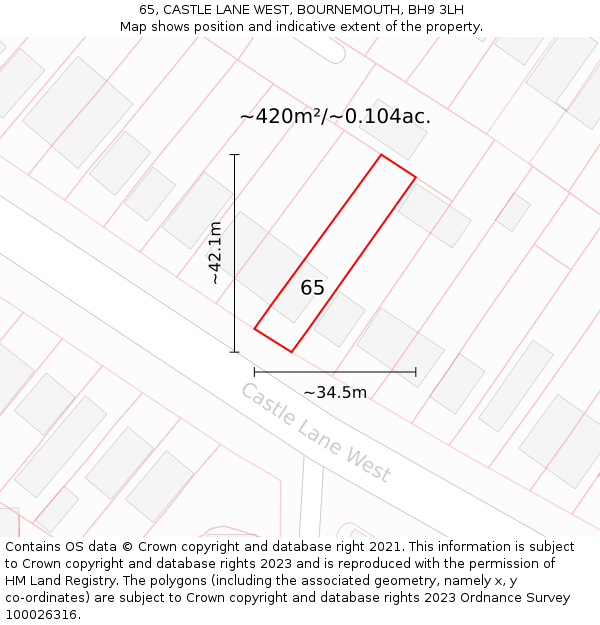 65, CASTLE LANE WEST, BOURNEMOUTH, BH9 3LH: Plot and title map