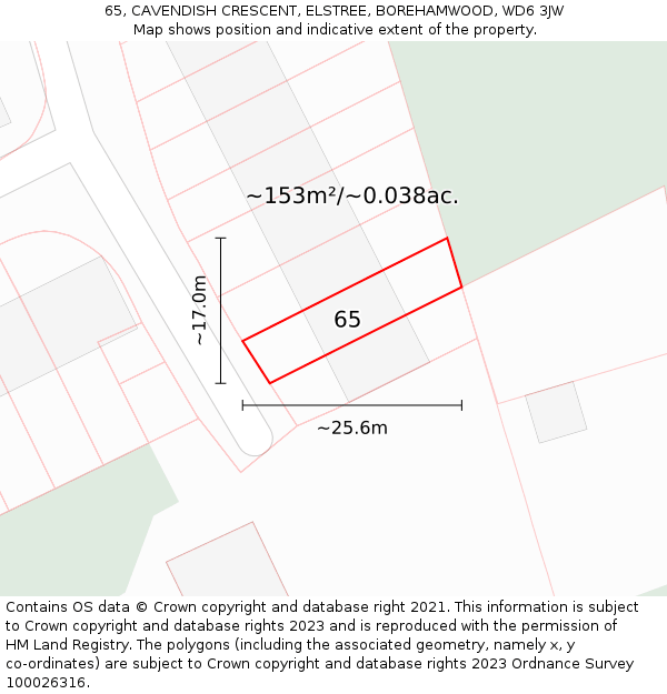 65, CAVENDISH CRESCENT, ELSTREE, BOREHAMWOOD, WD6 3JW: Plot and title map