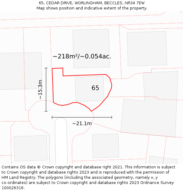 65, CEDAR DRIVE, WORLINGHAM, BECCLES, NR34 7EW: Plot and title map