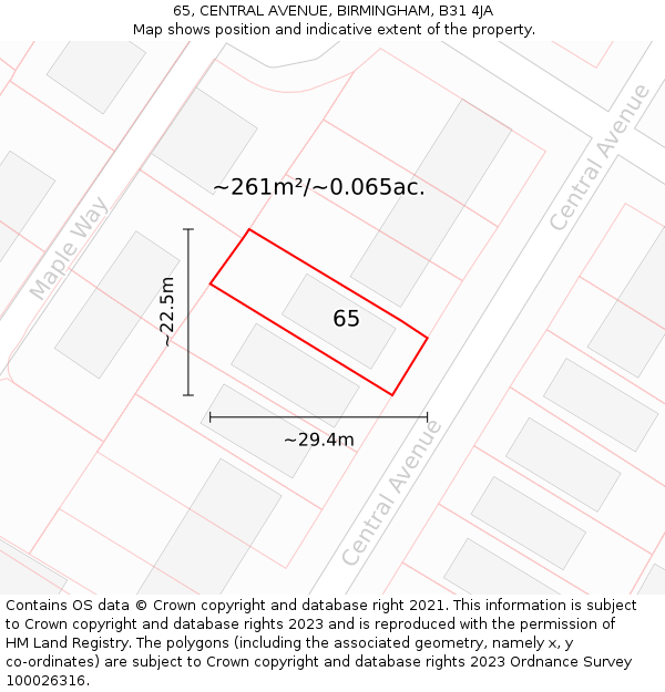 65, CENTRAL AVENUE, BIRMINGHAM, B31 4JA: Plot and title map
