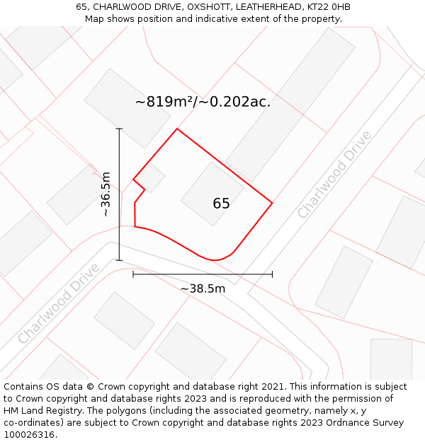 65, CHARLWOOD DRIVE, OXSHOTT, LEATHERHEAD, KT22 0HB: Plot and title map